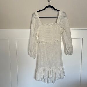 Veronica Beard Denise Long Sleeve Ruffle Smocked Eyelet Cotton Cut-Out Dress